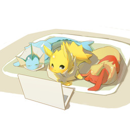 ambiguous_gender blue_body computer electronics feral fur group laptop lying orange_body simple_background sleeping tail trio yellow_body yellow_fur ketchup_coke nintendo pokemon eeveelution flareon generation_1_pokemon jolteon mammal pokemon_(species) vaporeon 2019 hi_res