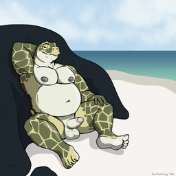 anthro balls beach countershading erection feet foreskin genitals glans green_body hand_behind_head humanoid_feet looking_at_viewer male musclegut muscular narrowed_eyes navel nipples no_irises non-mammal_balls non-mammal_navel non-mammal_nipples nude nude_anthro nude_male penis plantigrade seductive soles solo toes scribefang reptile scalie sea_turtle turtle 1:1 2026 digital_drawing_(artwork) digital_media_(artwork) hi_res