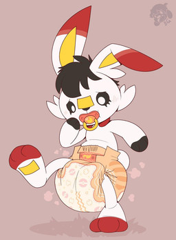 3_fingers 3_toes after_transformation ambiguous_gender anthro big_diaper blush blush_lines brown_body brown_fingers brown_fur brown_hair brown_sclera clean_diaper clothed clothing cloud_emanata diaper diaper_only diaper_puff dipstick_ears ear_markings emanata feet fingers fur hair logo multicolored_body multicolored_ears multicolored_fur object_in_mouth pacifier pacifier_in_mouth plantigrade red_body red_ear_tips red_fur red_pacifier red_toes simple_background solo tan_background toes topless wearing_diaper wetness_indicator white_body white_fur yellow_inner_ear bubblepuppers nintendo pokemon cryo_lithius generation_8_pokemon pokemon_(species) scorbunny artist_logo compression_artifacts hi_res source_request