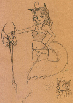 anthro axe female french melee_weapon pose solo tail text weapon frodon kitsune_bothan canid canine fox mammal french_text graphite_(artwork) sketch traditional_media_(artwork) translated