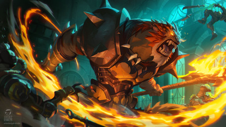angry anthro anthro_focus armor clothing fire gloves glowing glowing_eyes group handwear holding_melee_weapon holding_object holding_weapon inside male melee_weapon muscular muscular_male open_mouth pauldron size_difference weapon window gabriel_rubio wayfinder_(game) grendel_(wayfinder) felid human lion mammal pantherine 2024 absurd_res digital_media_(artwork) hi_res official_art