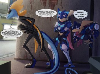 2_toes 5_fingers anthro biped blue_body blue_eyes bottomwear brown_eyes butt clothed clothed_anthro clothed_male clothing feet fingers fully_clothed fully_clothed_anthro fully_clothed_male group male standing text toes topwear trio donutella nintendo pokemon alex_(mclarensenna18) flash_(donutella) rene_(donutella) generation_6_pokemon generation_8_pokemon greninja inteleon pokemon_(species) 2025 absurd_res digital_drawing_(artwork) digital_media_(artwork) english_text hi_res