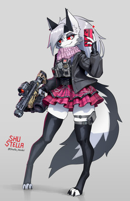 anthro assault_rifle bottomwear bulletproof_vest cellphone clothing ear_piercing ear_ring electronics eyebrow_piercing eyebrow_ring eyebrows eyelashes facial_piercing feet female fur grey_body grey_fur grey_hair gun hair heart_symbol inner_ear_fluff jacket legwear phone piercing ranged_weapon red_sclera rifle ring_piercing scarf scope skirt smartphone solo thigh_highs thigh_pouch toeless_legwear topwear tuft weapon white_body white_fur shu_stella hellaverse helluva_boss mythology loona_(helluva_boss) canid canid_demon canine demon hellhound mammal mythological_canine mythological_creature 2025 absurd_res hi_res