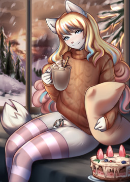 anthro balls bday beverage birthday blonde_hair blue_eyes blush bodily_fluids bottomless bottomwear bulge butt cake chastity_cage chastity_device clothed clothing coffee coffee_cup container crossgender cup dessert femboy feminine fluffy food genital_fluids genitals grey_body hair happy legwear long_hair looking_at_viewer male penis pink_nose prince royalty silver_chasty_cage skinny smile smiling_at_viewer solo stockings submissive submissive_anthro sweater tail topwear unsupported_chastity_cage winter rogbiejoke patrician_(rogbiejoke) domestic_cat felid feline felis mammal digital_media_(artwork) hi_res nonbinary_(lore)