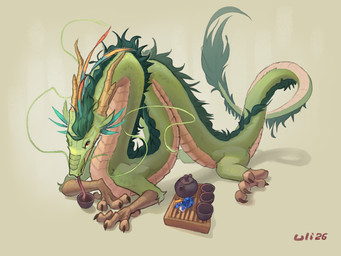 beverage drinking feathers feet feral fur green_body green_fur green_hair hair horn looking_at_viewer lying male mane solo talons toes whiskers uliovka mythology dragon eastern_dragon mythological_creature mythological_scalie scalie hi_res