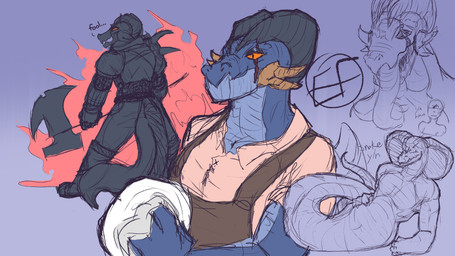 ambiguous_gender anthro apode armor axe biped blue_body blue_skin clothed clothing ellipsis eye_scar facial_scar fire legless long_tongue open_mouth orange_sclera overalls scar serpentine shirt simple_background snake_hood solo spikes tail text tongue tongue_out topwear endr404 nintendo pokemon biscuit_(endr404) draconcopode generation_3_pokemon naga pokemon_(species) swampert 16:9 2022 colored_sketch english_text sketch sketch_page widescreen