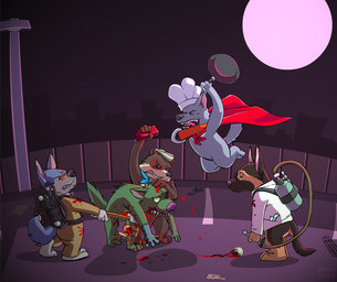 anthro axe blood bodily_fluids chef doctor group male melee_weapon sailor tail weapon keto canid canine canis domestic_dog german_shepherd herding_dog husky mammal nordic_sled_dog pastoral_dog spitz undead zombie 2009 wallpaper