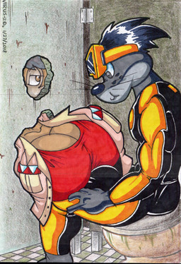 anthro big_breasts big_bulge black_hair breasts brown_eyes brown_fru bulge cartoon_freckles clothing crop_top duo eyewear eyewear_on_head female freckled_face freckles fur goggles goggles_on_head grey_body grey_eyes grey_fur hair huge_breasts jacket male muscular muscular_anthro scuba_suit shirt sitting tan_body tan_fur toilet topwear whiskers virus-20 june_coyote travis_seal aquatic canid canine canis coyote mammal pinniped seal 2018 traditional_media_(artwork)