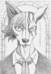 anthro facial_scar fur looking_at_viewer male personality_change personality_swap scar solo text two_faced yinepu beastars legoshi_(beastars) louis_(beastars) canid canine canis chimera deer mammal wolf graphite_(artwork) headshot_portrait hi_res japanese_text portrait traditional_media_(artwork)