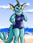 anthro beach big_breasts blue_body blue_eyes breasts clothed clothing eyelashes female one-piece_swimsuit outside pokemorph seaside simple_background smile solo standing swimwear tail justahoot nintendo pokemon eeveelution generation_1_pokemon pokemon_(species) vaporeon hi_res