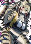 anthro asian_clothing big_breasts biped black_hair black_stripes blush bottomwear breasts buruma chest_tuft claws clothing countershading crop_top east_asian_clothing female fur grey_body grey_fur grey_tail hair japanese_clothing kemono long_hair long_tail looking_at_viewer markings multicolored_body multicolored_fur multicolored_hair navel pink_eyes pink_nose red_hair sharp_teeth shirt simple_background smile solo sports_panties striped_body striped_fur striped_markings striped_tail stripes tail tail_markings teeth tight_clothing topwear tuft white_background white_body white_fur white_hair nukochi lifewonders tokyo_afterschool_summoners durga_(tas) felid mammal pantherine tiger digital_media_(artwork) hi_res