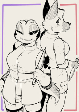 anthro armwear black_sclera breasts clothed clothed_anthro clothed_female clothing duo eyelashes facial_markings facial_piercing female fishnet_armwear fishnet_clothing fur glistening_eyelids hair head_markings holding_object holding_weapon kunai legwear lip_piercing looking_back markings muzzle_(marking) non-mammal_breasts one_eye_closed piercing smile thigh_highs topwear weapon conditional_dnp sonokido greater_ventura_city ventura_city_drifters olea_nightshade rose_naire amphibian canid canine canis domestic_dog frog german_shepherd herding_dog mammal pastoral_dog 2025 digital_media_(artwork) hi_res
