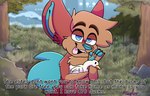 anatid anseriform anthro avian bird blue_ears blue_eyes blue_nose canid canine canis comic detailed_background dialogue drawnbyadog duck duo english_text feral fur looking_at_viewer male mammal meme red_body red_fur red_wolf redraw talking_to_viewer text tula_wolf wolf