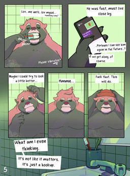 anthro bathroom black_body black_fur brush cellphone electronics fur male overweight overweight_male phone phone_screen profanity red_body red_eyes red_fur sink smartphone solo teeth text toothbrush almostabull ailurid mammal red_panda comic english_text hi_res