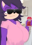 anthro bedroom_eyes beverage_can big_breasts breasts clothing countershading eyewear female fluffy fluffy_hair hair holding_object mature_female narrowed_eyes pink_clothing pink_shirt pink_topwear purple_body purple_hair seductive shirt smug solo stock_image sunglasses tan_body tan_countershading topwear around_drum sega sonic_the_hedgehog_(series) sonic_underground tamers12345's_sonic_underground queen_aleena_hedgehog eulipotyphlan hedgehog mammal