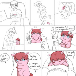 animal_genitalia balls blue_eyes clothed clothed_human clothing comforting comforting_another dialogue disability duo eyes_closed feral fur genitals gesture good_parenting hair hand_gesture hat headgear headwear hooves hug lifting_another male open_mouth open_smile party_hat pink_body pink_fur red_hair red_hooves running sheath sitting sleeping sleeping_together smile squish text thumbs_up toddler tongue tongue_out toy_block young young_feral young_human young_male yellowcottoncandy030 fluffy_pony fluffy_pony_(species) human mammal 1:1 2025 comic digital_media_(artwork) english_text hi_res partially_colored