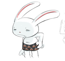 anthro bodily_fluids clothing drooling eyes_closed fur hand_on_hip long_ears male saliva solo tired tired_eyes underwear white_body vestigialbones sam_and_max max_(sam_and_max) lagomorph leporid mammal rabbit hi_res