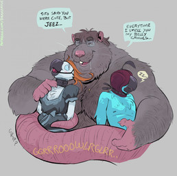 anthro ball_gag bdsm beard belt_collar blindfold body_hair bondage bound chest_hair chest_tuft clothed clothing crossdressing dress facial_hair falconry_hood gag group hood imminent_vore male male/male musclegut muscular obese obese_anthro obese_male overweight overweight_anthro overweight_male rumbling_stomach size_difference sleeping tail tail_bondage tail_tied trio tuft dramamine dale_(dramamine) avian bird cockatiel cockatoo mammal murid murine parrot rat rodent hi_res story story_in_description