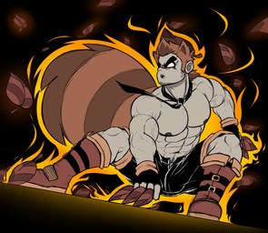 abs accessory aura band-aid bandage biceps big_muscles big_tail boots bottomwear brown_hair clothed clothing fingerless_gloves fire footwear gloves hair handwear huge_muscles male male_humanoid muscular muscular_humanoid muscular_male necktie pecs pose serious_face shoes shorts solo stubble tail tanuki_leaf topless topless_humanoid topless_male vein veiny_muscles diskodeath mctail animal_humanoid canid canid_humanoid canine canine_humanoid human humanoid mammal mammal_humanoid raccoon_dog tanuki tanuki_humanoid greyscale hi_res monochrome