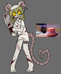 anthro black_eyes blonde_hair blood blush bodily_fluids breasts chainsaw clothing female fur hair hat headgear headwear nurse nurse_clothing nurse_headwear power_tool saw smile solo syringe tail tools white_body white_fur yellow_eyes skunky0202 terrible_mouse lorna_(terrible_mouse) house_mouse human mammal mouse murid murine rat rodent