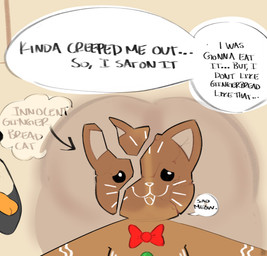 anthro arrow_sign big_butt black_eyes bow_tie brown_body brown_nose butt cookie dialogue duo food gingerbread_cookie high-angle_view holidays male red_bow_tie shadow text thick_thighs whiskers sushiamazing christmas turkitty domestic_cat elemental_creature felid feline felis food_creature mammal 2025 comic digital_media_(artwork) english_text hi_res
