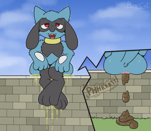 ambiguous_gender ambiguous_peeing ambiguous_pooping anthro anus black_body black_fur blue_body blue_fur bodily_fluids butt cloud crossed_legs cutaway day emanata eye_roll eyebrows feces feces_on_ground feces_pile fur genital_fluids grass narrowed_eyes open_mouth outside peeing plant pooping raised_eyebrows raised_tail red_eyes scatplay sitting sitting_on_wall sky solo sound_effects stone_wall tail teeth text urine urine_drip urine_on_butt urine_on_self urine_on_wall wall_(structure) watersports ritzcat nintendo pokemon generation_4_pokemon pokemon_(species) riolu artist_name hi_res story story_in_description