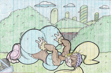 anthro big_butt blonde_hair blue_clothing blue_sky butt clothing female hair hand_on_butt lying on_front outside sky solo virus-20 donkey_kong_(series) nintendo tiny_kong haplorhine mammal monkey primate 2015 traditional_media_(artwork)