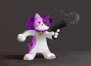 anthro bow_around_neck bow_ribbon brown_background collar dot_eyes eyelashes featureless_chest featureless_crotch female female_anthro gun handgun holding_gun holding_handgun holding_object holding_ranged_weapon holding_weapon markings multicolored_body purple_body ranged_weapon semi-anthro simple_background simple_eyes simple_face smoke smoking_gun solo spots spotted_body standing toony toony_eyes weapon white_body worm_(artist) domestic_cat felid feline felis mammal 2018