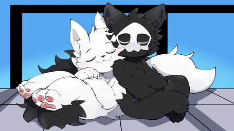 :3 anthro biped black_body black_fur blush bone bone_mask closed_smile daww detailed_background duo eyes_closed fluffy fluffy_tail fur head_tuft kemono lying male mask mouth_closed on_back pawpads paws pink_pawpads side_by_side sitting skull skull_mask sleeping smile tail text tuft white_body white_fur abyss_creature_(artist) changed_(video_game) lin_(changed) puro_(changed) canid canine latex_creature mammal 16:9 2026 4k absurd_res digital_drawing_(artwork) digital_media_(artwork) hi_res korean_text widescreen