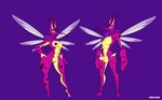 3_toes 4_fingers abs antennae_(anatomy) anthro balls clothing curled_antennae duo erection feet female fingers footwear fur genitals hand_on_hip high_heels humanoid_genitalia humanoid_penis insect_wings looking_at_viewer male male/female markings navel nipples penis pink_body purple_background purple_body purple_fur purple_nipples purple_penis purple_spots pussy shoes simple_background slim spots spotted_body spread_wings thick_thighs toes tuft vein veiny_penis wings yellow_body yellow_penis bugzilla disney spectrobes arthropod fly_(animal) insect mosquito mossax spectrobe 2022 absurd_res flat_colors hi_res model_sheet signature