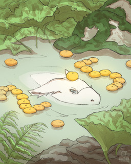 bathing blue_eyes eyewear feral fluffy_ears food fruit fur glasses grass male nature nature_background outside plant pond rock solo tangerine_(fruit) water white_body white_fur ocelotka mage_(ocelotka) capybara caviid mammal rodent digital_media_(artwork) half-length_portrait portrait