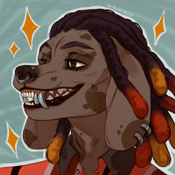ambiguous_gender anthro black_eyebrows black_eyes black_hair brown_body brown_nose clothed clothing dreadlocks ear_piercing ear_ring eyebrows eyelashes facial_piercing floppy_ears glistening glistening_eyes grey_teeth hair narrowed_eyes nose_piercing nose_ring open_mouth open_smile outline piercing red_clothing red_hair red_topwear ring_piercing septum_piercing septum_ring smile solo sparkles teeth text topwear white_outline marie_merkh canid mammal 1:1 absurd_res artist_name hi_res