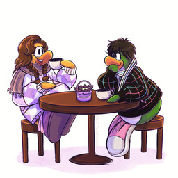 anthro argyle_(pattern) argyle_clothing argyle_print argyle_topwear black_clothing black_jacket black_topwear brown_hair brown_scarf cake chair clothing container cup dessert duo female food footwear fur furniture green_body green_fur hair holding_container holding_cup holding_object holding_tea_cup jacket long_hair looking_at_another male multicolored_clothing multicolored_footwear multicolored_shoes multicolored_topwear open_mouth pattern_clothing pattern_topwear pink_clothing pink_footwear pink_jacket pink_shoes pink_topwear print_clothing print_jacket print_topwear scarf shoes short_hair simple_background sitting table tea_cup topwear two_tone_clothing two_tone_footwear two_tone_jacket two_tone_shoes two_tone_topwear upper_teeth_only white_background white_clothing white_footwear white_jacket white_shoes white_topwear yellow_body yellow_fur letlab0611 club_penguin avian bird penguin hi_res