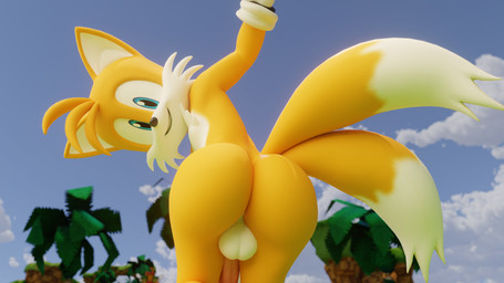 anthro backsack balls big_butt butt butt_focus clothing genitals gloves handwear looking_at_viewer looking_back male palm_tree penis plant rear_view smile smiling_at_viewer solo thick_thighs tree twintails3d sega sonic_the_hedgehog_(series) miles_prower canid canine fox mammal red_fox true_fox 16:9 3d_(artwork) 4k absurd_res digital_media_(artwork) hi_res widescreen