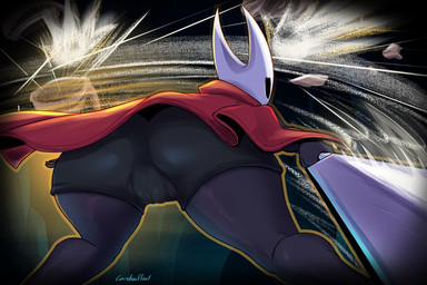 action_pose anthro bent_over big_butt black_eyes bottomwear butt camel_toe cloak clothing female holding_melee_weapon holding_object holding_weapon hotpants melee_weapon pose rear_view red_cloak red_clothing shorts solo weapon carbonfloof hollow_knight_(franchise) team_cherry hornet_(hollow_knight) arthropod 3:2 hi_res