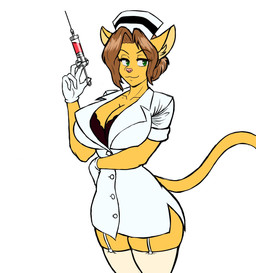 anthro bottomwear breasts brown_hair buckle clothing ears_down eyebrows female fur green_eyes hair hat headgear headwear needler nurse nurse_clothing nurse_hat nurse_headwear nurse_uniform open_mouth pivoted_ears poland polish_people's_republic skirt small_waist smile smiling_at_viewer solo thick_thighs uniform wearing_hat yellow_body yellow_fur chisheq zofia_(chisheq) domestic_cat felid feline felis mammal hi_res
