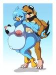 anthro belly big_breasts blue_body blue_feathers bodily_fluids breast_grab breasts brown_body brown_feathers cum cum_inflation cum_inside dork duo eyewear feathers female from_behind_position genital_fluids goggles hand_on_breast inflation male male/female sex larikane undertale undertale_(series) undertale_yellow martlet_(undertale_yellow) avian bird monster oscine passerine sparrow hi_res