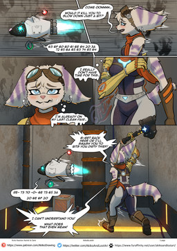 anthro blue_eyes butt dialogue eyewear female goggles machine poop_desperation robotic robotic_arm robotic_limb rumbling_stomach solo tail text akikoandlostari ratchet_and_clank sony_corporation sony_interactive_entertainment rivet_(ratchet_and_clank) lombax mammal robot comic english_text hi_res story url