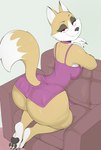 anthro big_butt biped breasts butt clothed clothing female furniture huge_butt looking_at_viewer looking_back no_underwear on_sofa pupils purple_clothing smile sofa solo thick_thighs usnarbit venera canid canine fox mammal red_fox true_fox 2024 digital_media_(artwork) hi_res