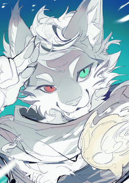 5_fingers ambiguous_gender anthro black_hair claws cloak closed_smile clothed clothed_anthro clothing countershade_face countershade_fur countershading eyebrows facial_markings finger_claws fingerpads fingers fur grey_body grey_fur hair head_markings heterochromia inner_ear_fluff jewelry looking_at_viewer markings mouth_closed necklace overbite pawpads pupils red_eyes simple_background smile smiling_at_viewer solo striped_face stripes teal_background teal_eyes tuft two-finger_salute white_body white_countershading white_eyebrows white_fur white_hair white_inner_ear_fluff white_sclera chiayeeee felid mammal pantherine tiger 2024 absurd_res bust_portrait digital_drawing_(artwork) digital_media_(artwork) hi_res portrait