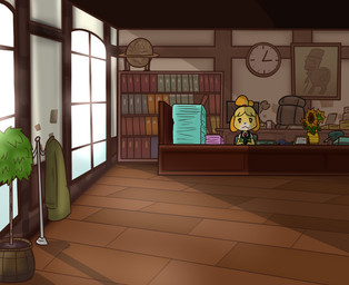 2_fingers anthro arms_bent bangs black_eyes black_nose blonde_hair blue_chair book bookshelf bow_tie brown_wall chair clock closed_frown clothed clothed_anthro clothed_female clothing coat_rack container cup desk facial_markings female fingers floor floppy_ears flower frown fur furniture globe green_clothing green_jacket green_topwear green_vest hair hand_on_desk head_markings inside jacket light looking_at_viewer lop_ears markings mouth_closed mug multicolored_body multicolored_fur multicolored_hair name_plate no_eyebrows on_chair orange_ears orange_hair paper pattern_clothing pattern_topwear pattern_vest picture_frame plaid plaid_clothing plaid_topwear plaid_vest plant plant_pot ponytail potted_plant pupils red_bow_tie red_hair_tie sitting sitting_on_chair solo sunflower table topwear tree two_tone_hair vest wall_(structure) white_dress_shirt white_markings white_pupils window wood wood_floor yellow_body yellow_fur cookieboy011 animal_crossing nintendo isabelle_(animal_crossing) canid canine canis domestic_dog mammal shih_tzu toy_dog 2019 colored digital_drawing_(artwork) digital_media_(artwork) english_description lighting shaded story story_in_description