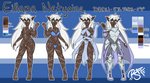 armor bottomwear breasts clothed clothing dress female genitals hair loincloth not_furry nude pussy solo tattoo text underwear white_hair rainsnowandflowers eillana_netyoive nibbles dark_elf drow elf humanoid absurd_res english_text flat_colors hi_res model_sheet