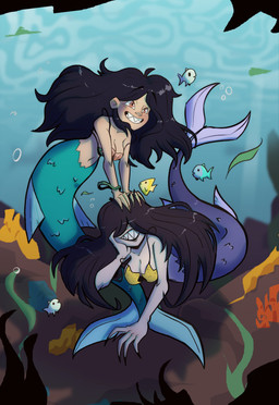 black_hair breasts clothing duo female hair long_hair smile split_form teeth underwater water majayrick aquatic fish merfolk 2021 absurd_res hi_res