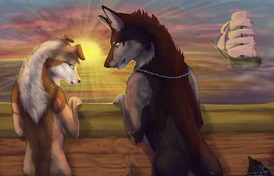 black_lips black_nose day detailed_background duo female feral fur green_eyes lips male nude outside red_body red_fur ship sun tan_body tan_fur vehicle water watercraft white_body white_fur araivis-edelveys canid canine canis domestic_dog mammal 14:9 digital_media_(artwork)