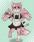 ambiguous_gender anthro blue_eyes cake_slice clothing fluffy fluffy_tail fluffy_wings fur maid_apron maid_uniform pawpads plate smile solo spread_wings tail uniform wings duskooky lostfox canid canine fox hybrid mammal 4:5 absurd_res hi_res