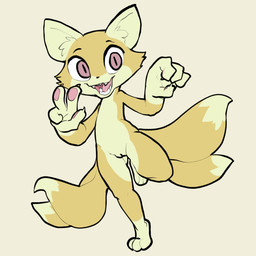 anthro female flat_chested fur genitals innie_vulva multi_tail nude on_one_leg open_mouth open_smile smile solo standing tail vulva yellow_body yellow_fur itsunknownanon mammal 1:1 2020 character_request full-length_portrait hi_res portrait