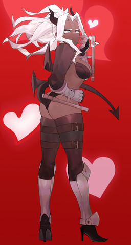 belt blush breasts butt clothing female footwear hair heart_symbol high_heels horn not_furry red_background shoes simple_background solo spade_tail standing tail white_hair koio helltaker judgement_(helltaker) demon demon_humanoid humanoid 2020 hi_res