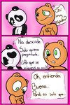 anthro biped black_body black_nose duo eyes_closed green_eyes orange_body text white_body aivae_27 unicorn_wars pandi_(unicorn_wars) sonrisas_(unicorn_wars) bear giant_panda mammal 2023 comic hi_res spanish_text translated