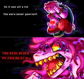 angry anthro betrayal biped black_clothing black_topwear bodily_fluids bottomwear bracelet clothed clothing crouching crying dialogue female freckles fully_clothed glowing hair heart_symbol humanoid_hands jewelry long_hair monotone_hair open_mouth pants pink_body pink_hair pink_tail red_bottomwear red_clothing red_pants sharp_teeth simple_background solo spiked_bracelet spikes tail tears teeth text tongue topwear yellow_eyes darkhon deltarune undertale_(series) susie_(deltarune) reptile scalie soul_(undertale) 2025 colored digital_media_(artwork) english_text hi_res shaded signature