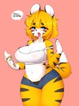 ahegao anthro areola big_breasts black_clothing black_panties black_underwear blonde_hair blue_eyes blush bottomwear breasts clothed clothing dessert female fingers food fur hair hotpants ice_cream inner_ear_fluff looking_pleasured markings melting_ice_cream multicolored_body orange_body orange_fur orange_hair panties shirt short_hair shorts simple_background solo speech_bubble standing striped_body striped_markings striped_tail stripes tail tail_markings tank_top tongue tongue_out topwear tuft two_tone_body underwear jupiter_europe felid mammal pantherine tiger 3:4 hi_res